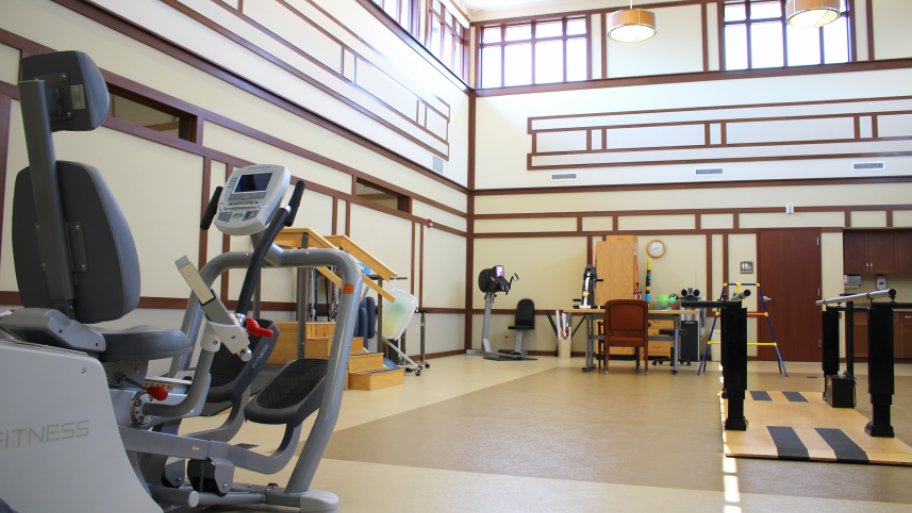 Rehabilitation gym at senior living facility.